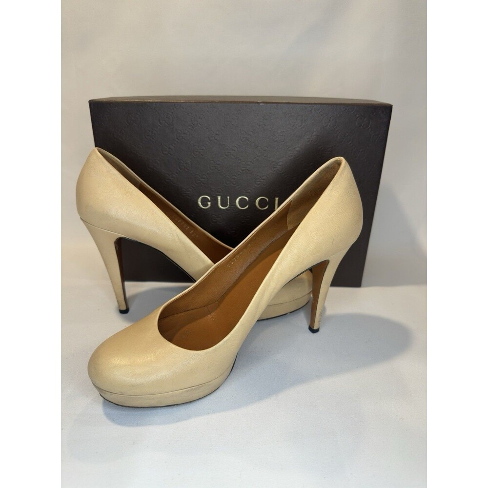 Gucci Nappa Charlotte Light Powder Nude Leather Platform Pumps Heels Size 39.5